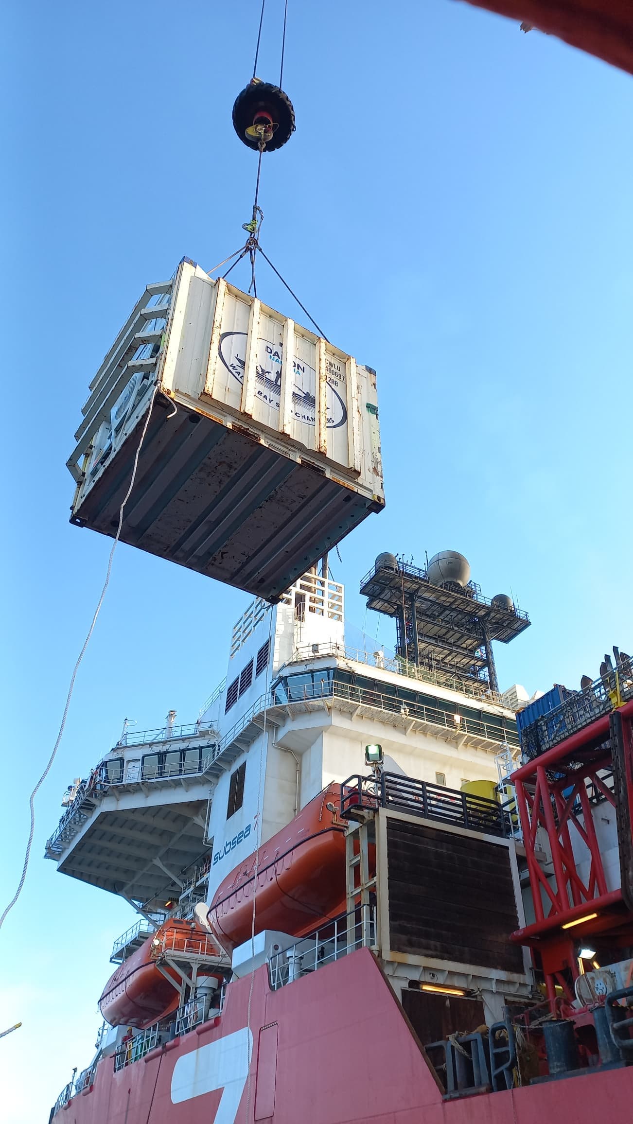 Container being lifted onto Subsea7 vessel at Walvis Bay