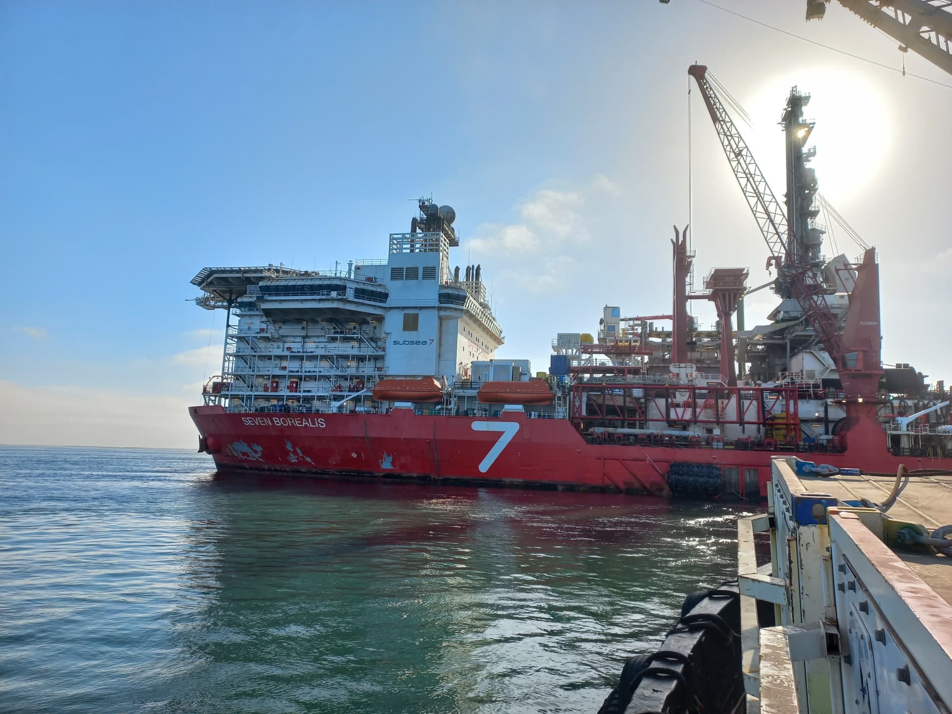Seven Borealis pipelay vessel docked at Walvis Bay at dusk