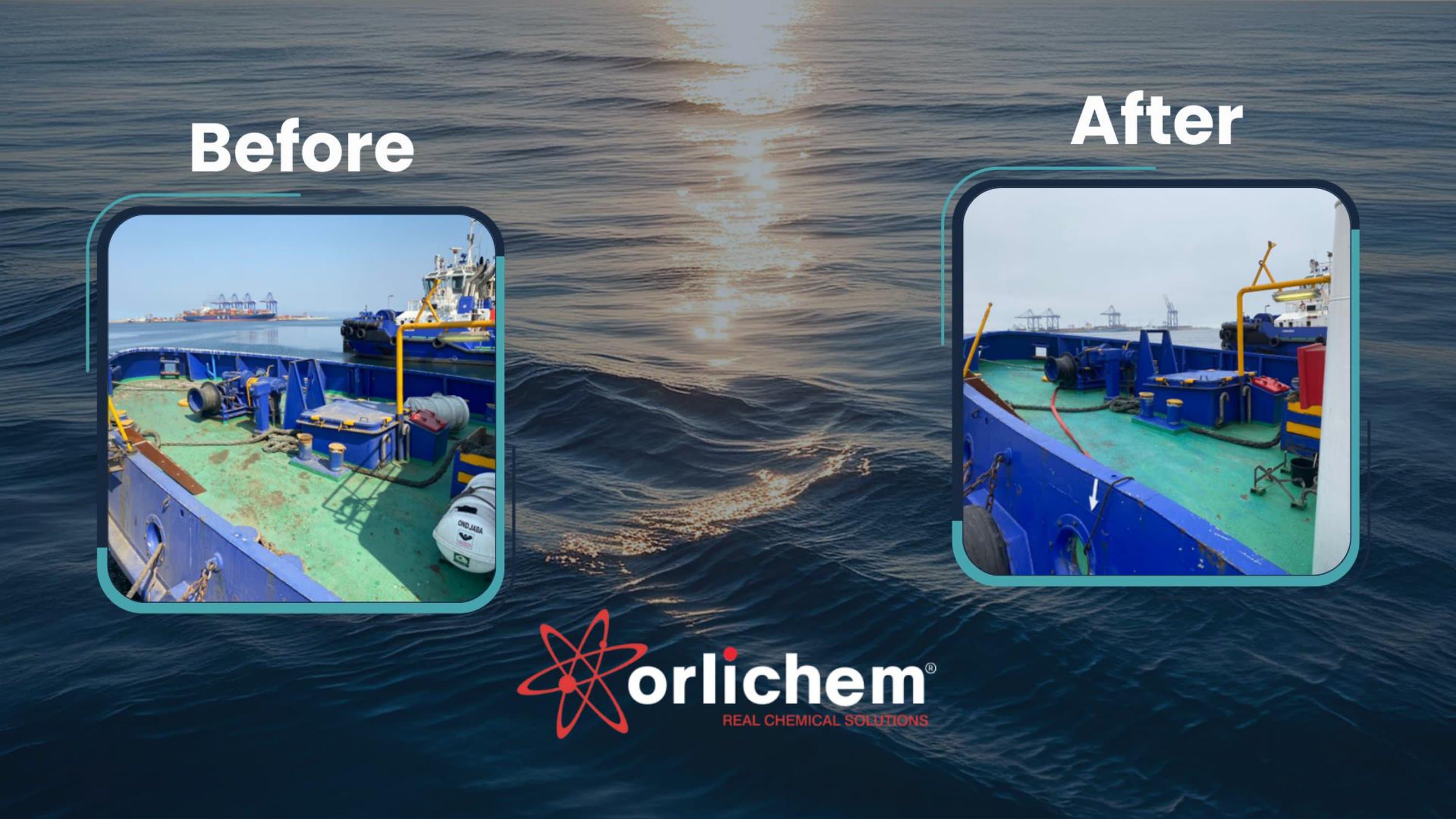 Before and after photos of deck cleaning using Orlichem marine chemicals