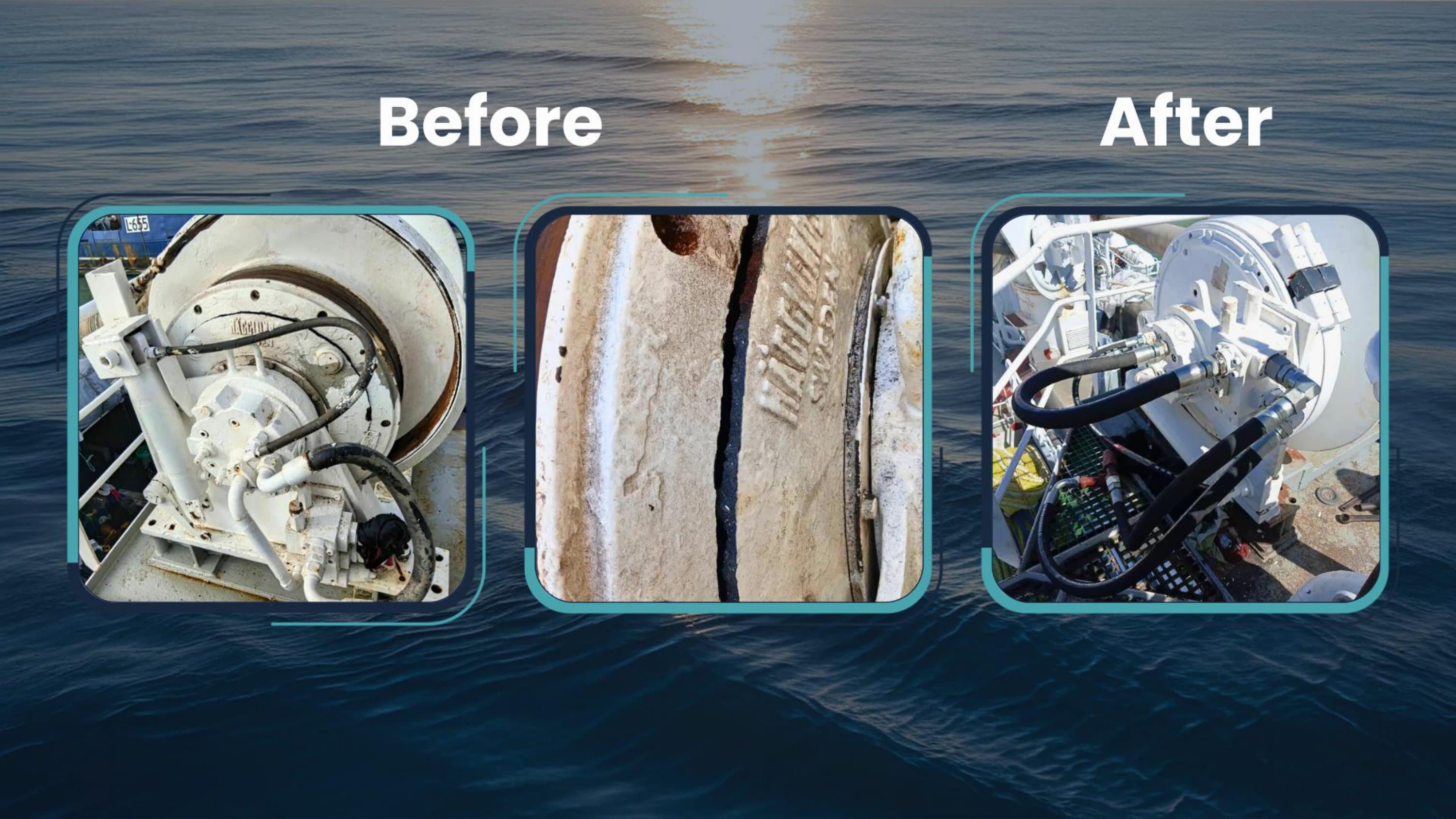 Before and after of winch mechanical refurbishment on a vessel